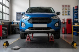 Voiture sur chandelles et cales de roue dans un atelier automobile organisé, illustrant la sécurité en atelier automobile
