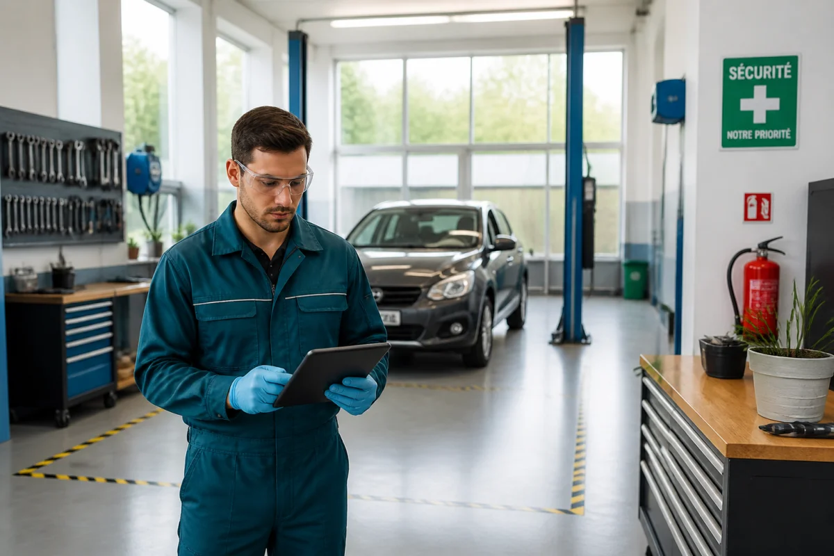 Mécanicien consultant une checklist pour vérifier la sécurité en atelier automobile, avec équipements de protection et espace organisé
