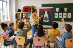 Enseignante préparant des élèves à une pièce de théâtre scolaire autour d’une affiche, dans une classe lumineuse
