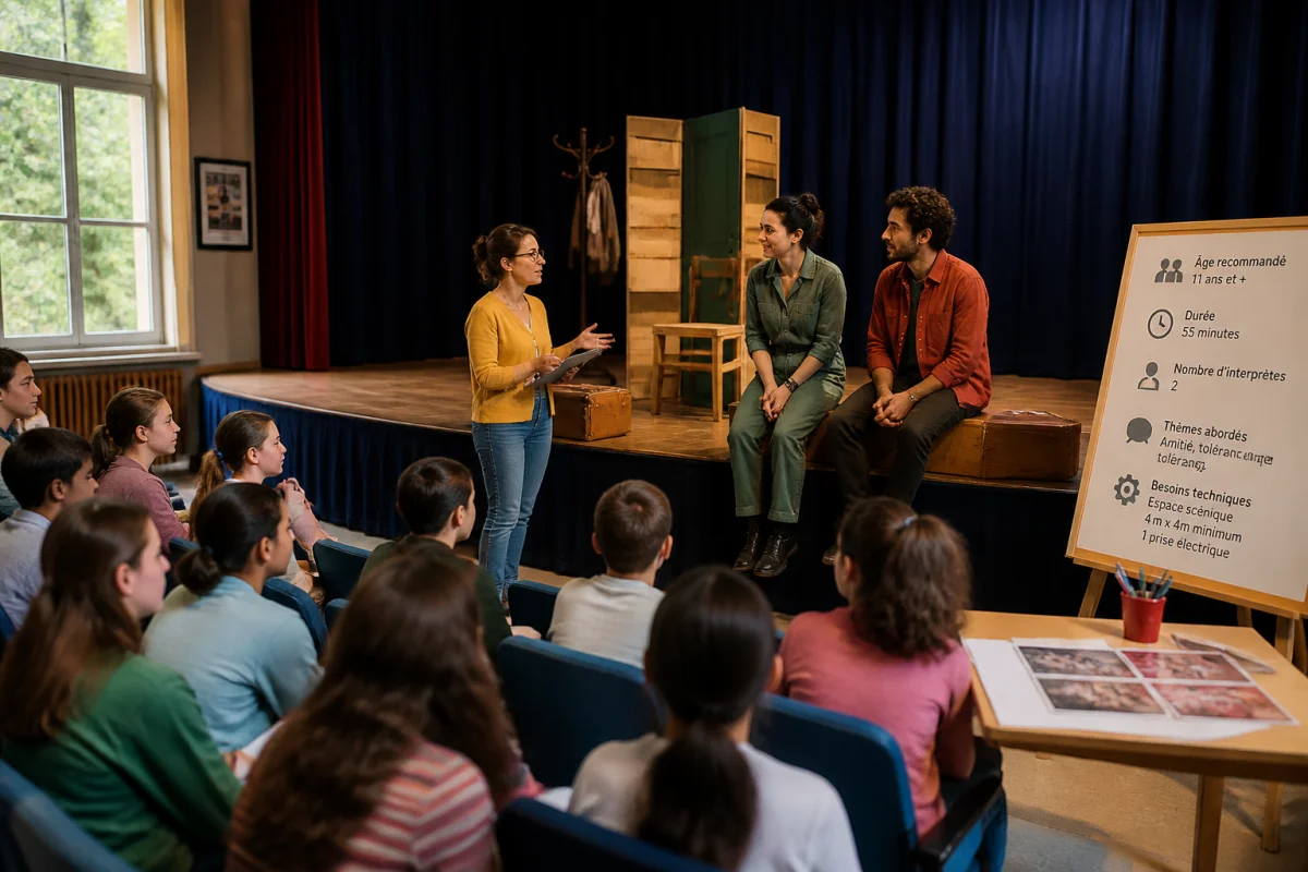 Élèves attentifs découvrant un spectacle de théâtre scolaire, avec enseignante et comédiens échangeant sur la représentation pédagogique