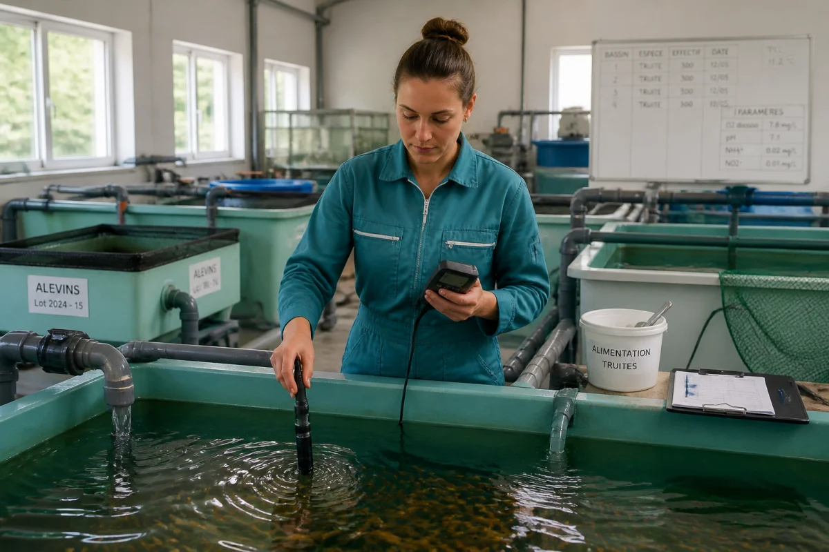 Piscicultrice contrôlant la qualité de l’eau dans un bassin d’élevage de poissons en ferme aquacole intérieure