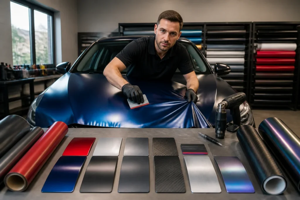 Comment devenir poseur de covering : professionnel appliquant un film adhésif mult finition sur le capot d’un véhicule en atelier.