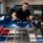 Comment devenir poseur de covering : professionnel appliquant un film adhésif mult finition sur le capot d’un véhicule en atelier.