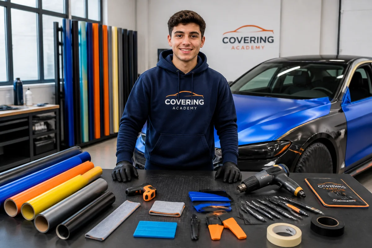 Apprenant présentant un kit professionnel de covering automobile dans un atelier lumineux avec véhicule partiellement recouvert
