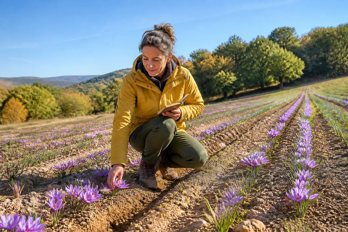 Comment devenir safranier : agricultrice observant des rangées de crocus safran dans une parcelle rurale ensoleillée.