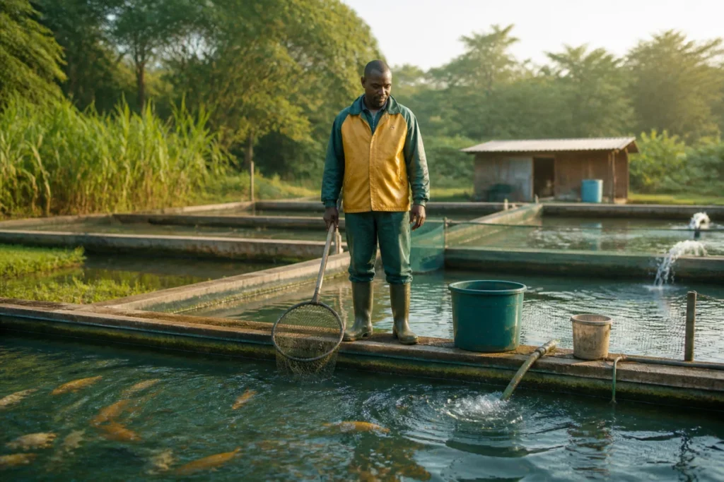 Pisciculteur observant des poissons dans un bassin d’élevage, illustrant comment devenir pisciculteur en ferme aquacole