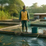 Pisciculteur observant des poissons dans un bassin d’élevage, illustrant comment devenir pisciculteur en ferme aquacole