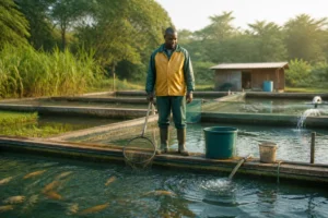 Pisciculteur observant des poissons dans un bassin d’élevage, illustrant comment devenir pisciculteur en ferme aquacole