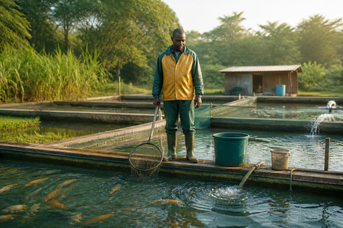 Pisciculteur observant des poissons dans un bassin d’élevage, illustrant comment devenir pisciculteur en ferme aquacole