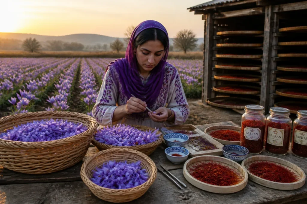 Comment devenir safranier : une safranière récolte des fleurs de crocus et trie leurs stigmates rouges à l’aube