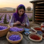 Comment devenir safranier : une safranière récolte des fleurs de crocus et trie leurs stigmates rouges à l’aube
