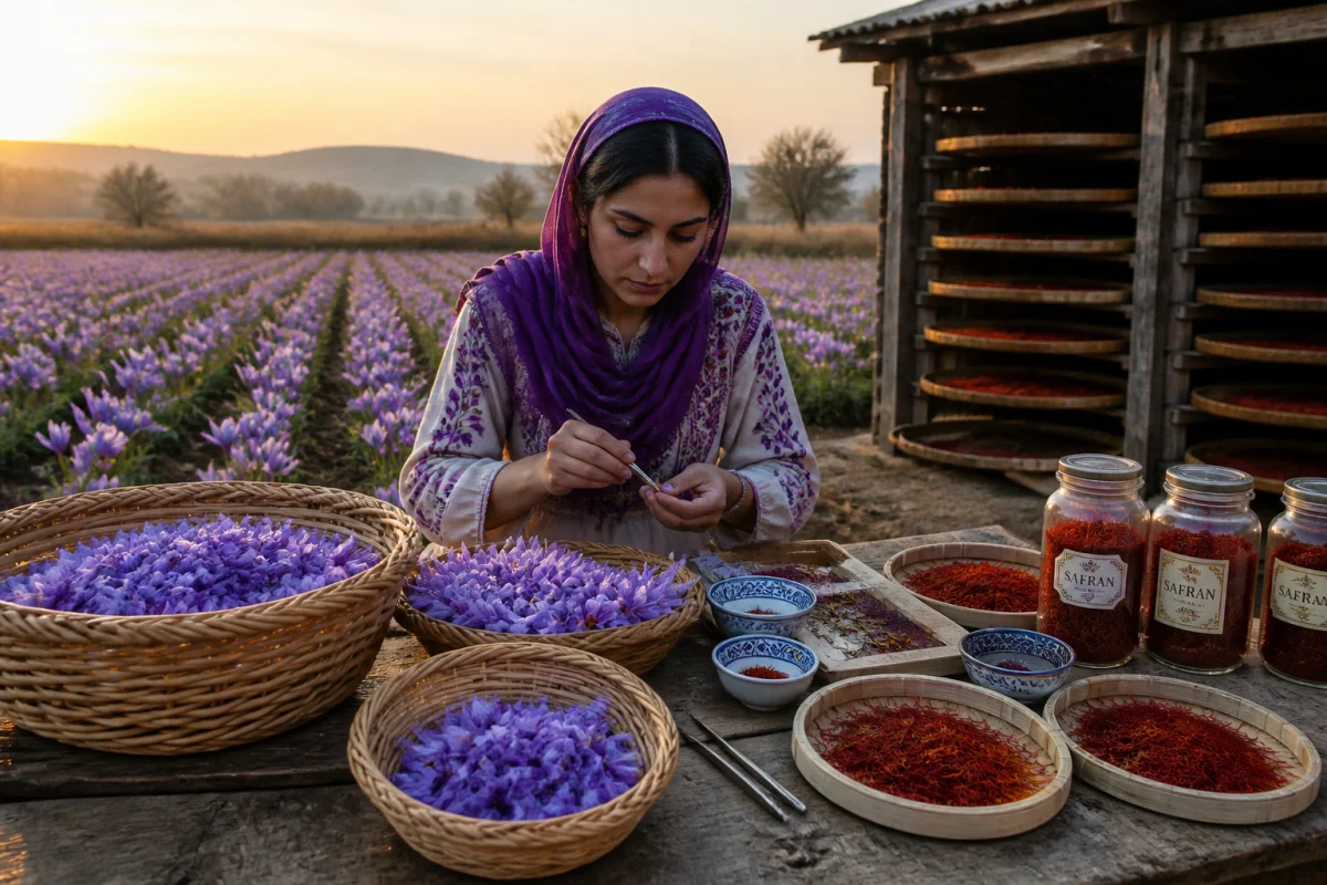 Comment devenir safranier : une safranière récolte des fleurs de crocus et trie leurs stigmates rouges à l’aube