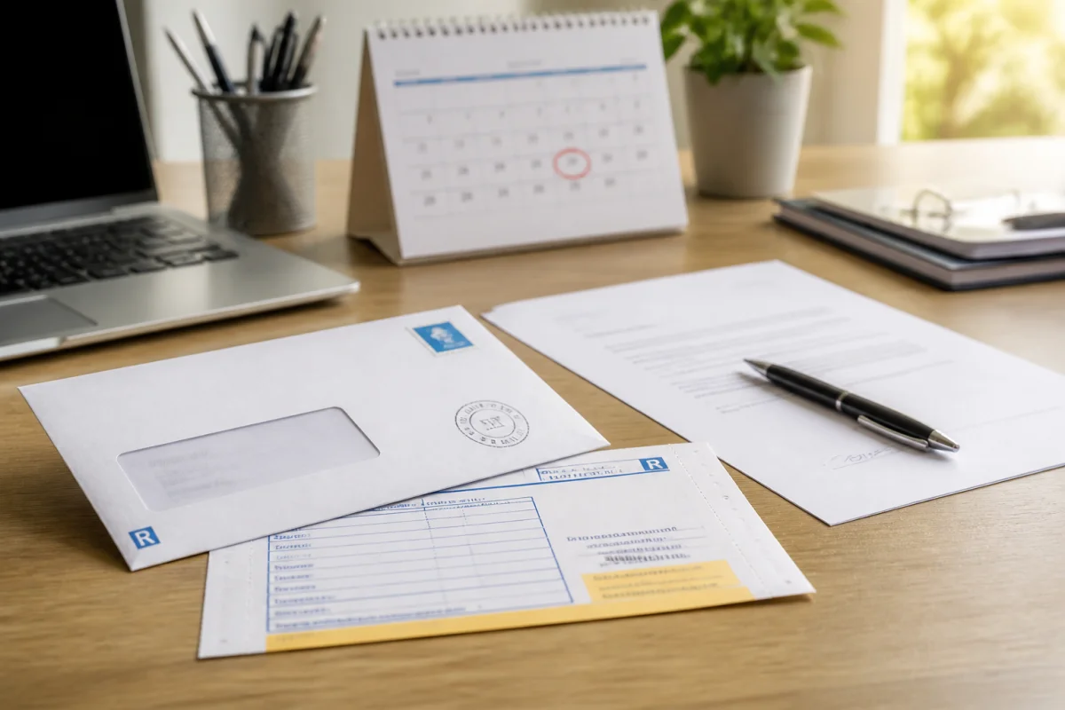 Lettre de démission CDI avec préavis d’un mois, enveloppe recommandée et avis de réception sur un bureau professionnel