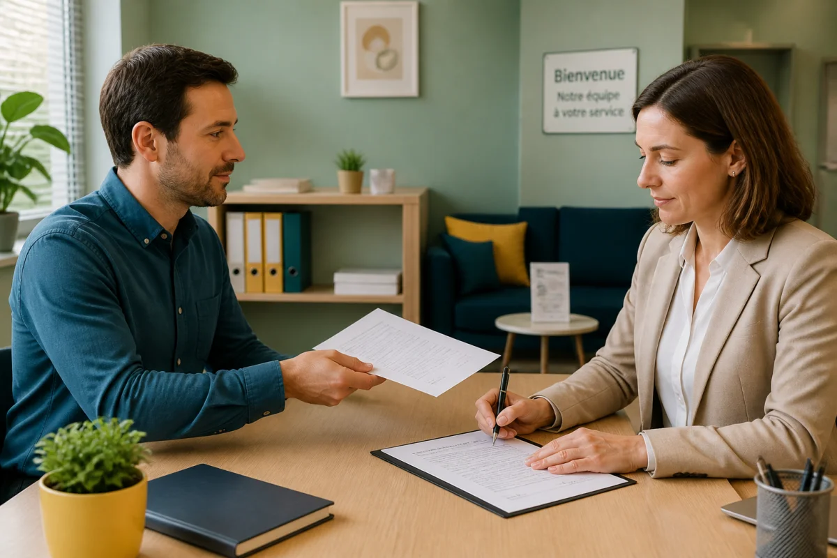 Remise en main propre d’une lettre de démission CDI avec préavis d’un mois et signature d’un reçu professionnel