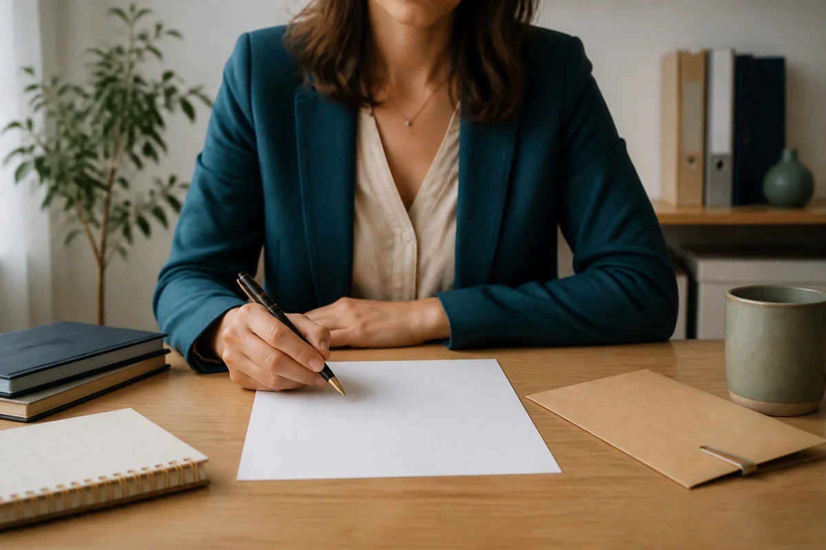 Lettre de démission pour mauvaise ambiance posée sur un bureau, main tenant un stylo dans un espace professionnel apaisé.
