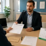 Salarié remettant une lettre de démission pour mauvaise ambiance à son employeur, avec récépissé signé sur le bureau
