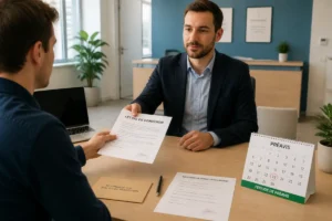 Salarié remettant une lettre de démission pour mauvaise ambiance à son employeur, avec récépissé signé sur le bureau