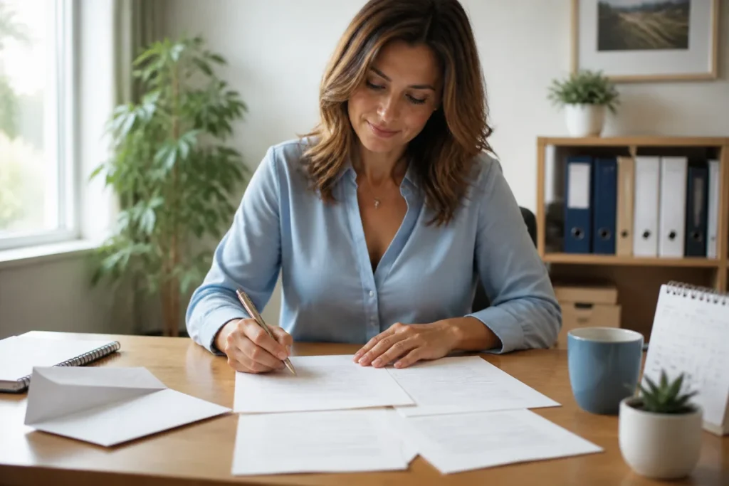 Personne adulte rédigeant une lettre de démission touchante sur un bureau professionnel lumineux, avec documents et plante verte
