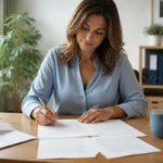 Personne adulte rédigeant une lettre de démission touchante sur un bureau professionnel lumineux, avec documents et plante verte
