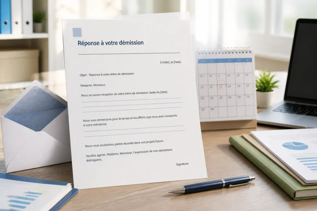 Lettre de réponse à une démission posée sur un bureau, accompagnée d’un stylo, d’une enveloppe et d’un calendrier.