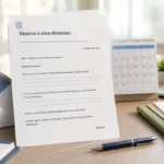 Lettre de réponse à une démission posée sur un bureau, accompagnée d’un stylo, d’une enveloppe et d’un calendrier.